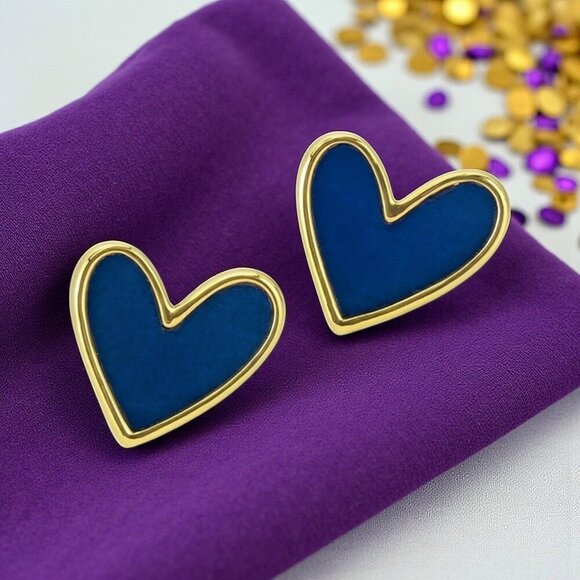 🆕 Royal Blue Enamel Heart Stud Earrings Gold Tone Statement Cute Gift Teen Girl - Picture 7 of 13